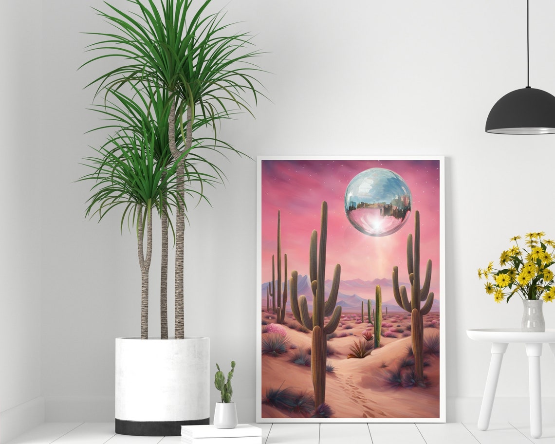 Pink Saguaro Cactus Desert Disco Ball Moon Night Sky Retro Poster - Image 2