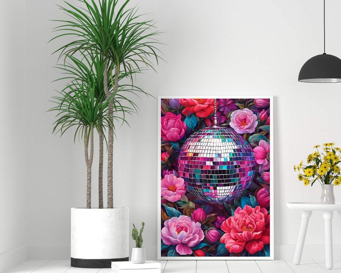 Sparkling Disco Ball Hanging Among Pink Peony Flowers Poster - Image 2