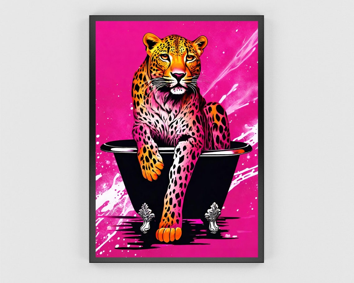Neon Pink Leopard Bathtub Art Bold Splash Pop Feline Wall Print - Image 3