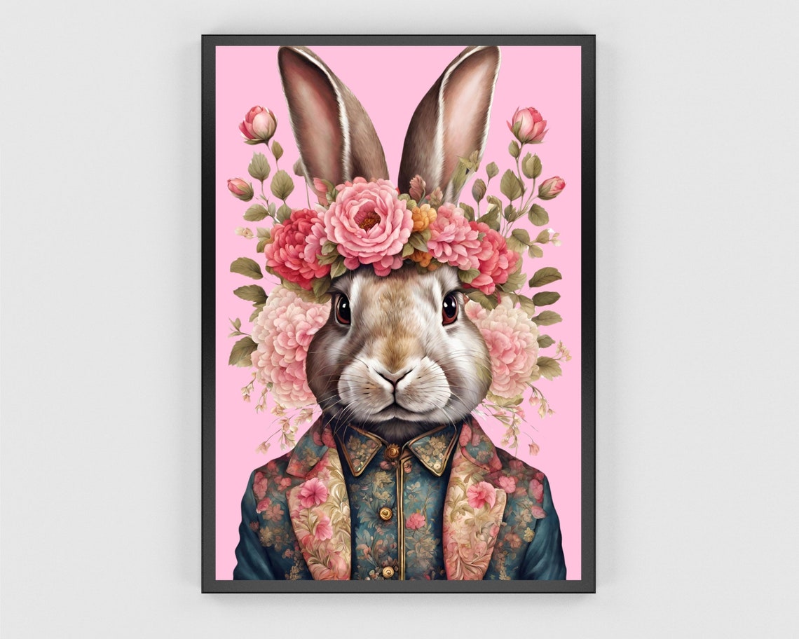 Dapper Bunny Floral Suit Pink Flower Crown Animal Portrait Poster - Image 3
