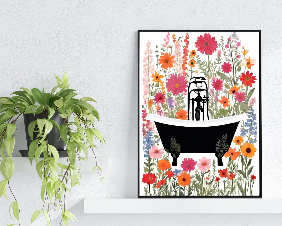 Black Bathtub Wildflowers Floral Bathroom Black White Art Poster - Image 2