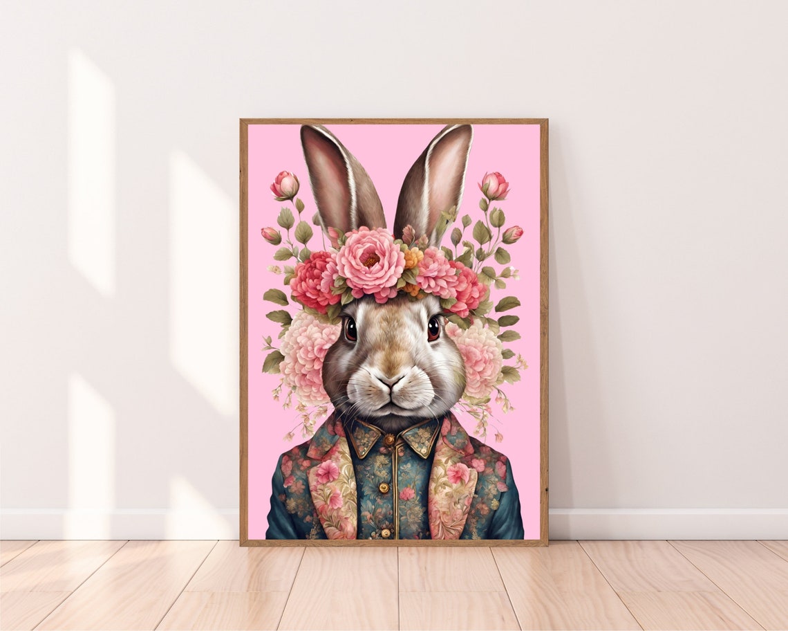 Dapper Bunny Floral Suit Pink Flower Crown Animal Portrait Poster - Image 2