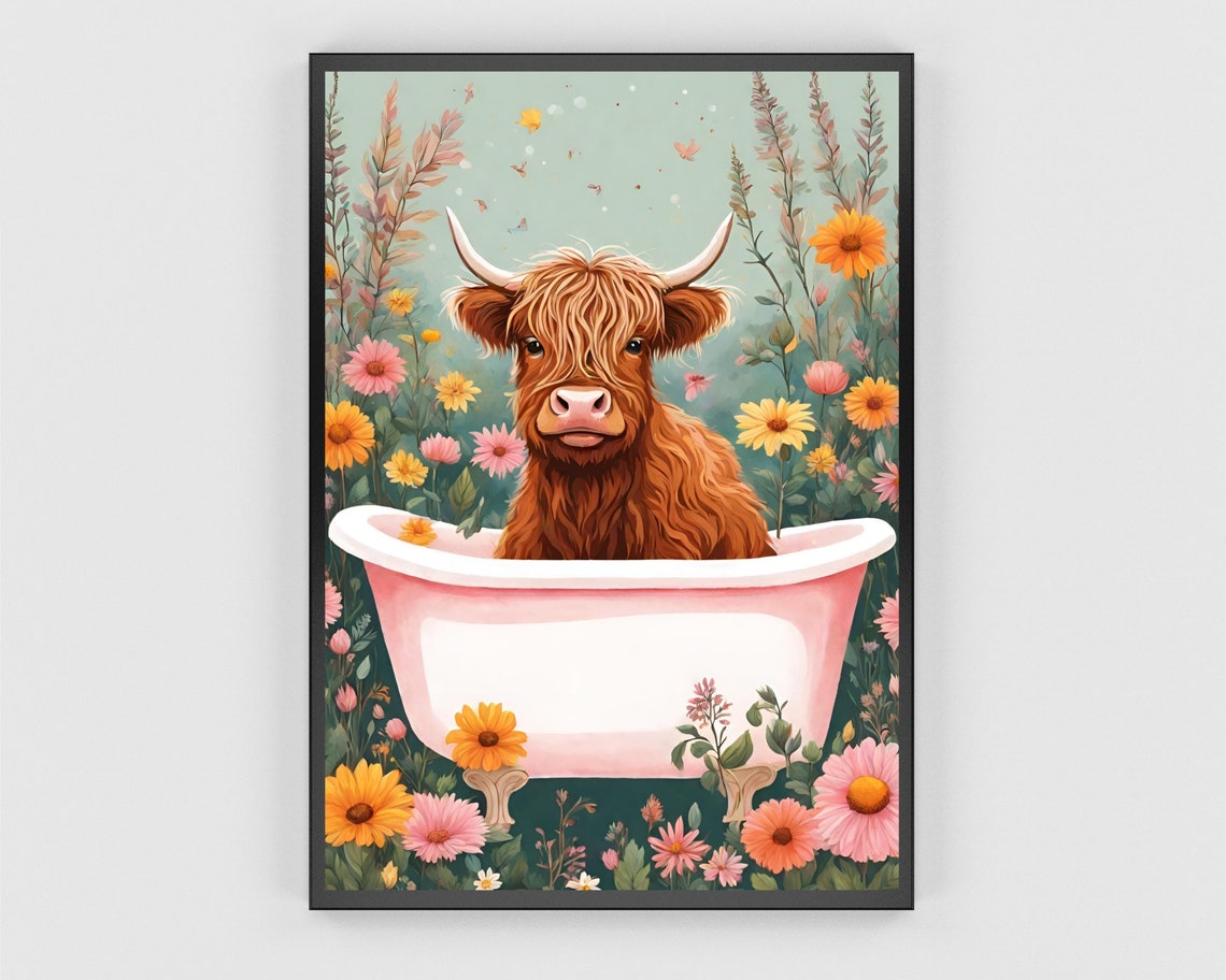 Highland Cow in Pink Bathtub Wildflower Meadow Funny Art Poster - Image 3