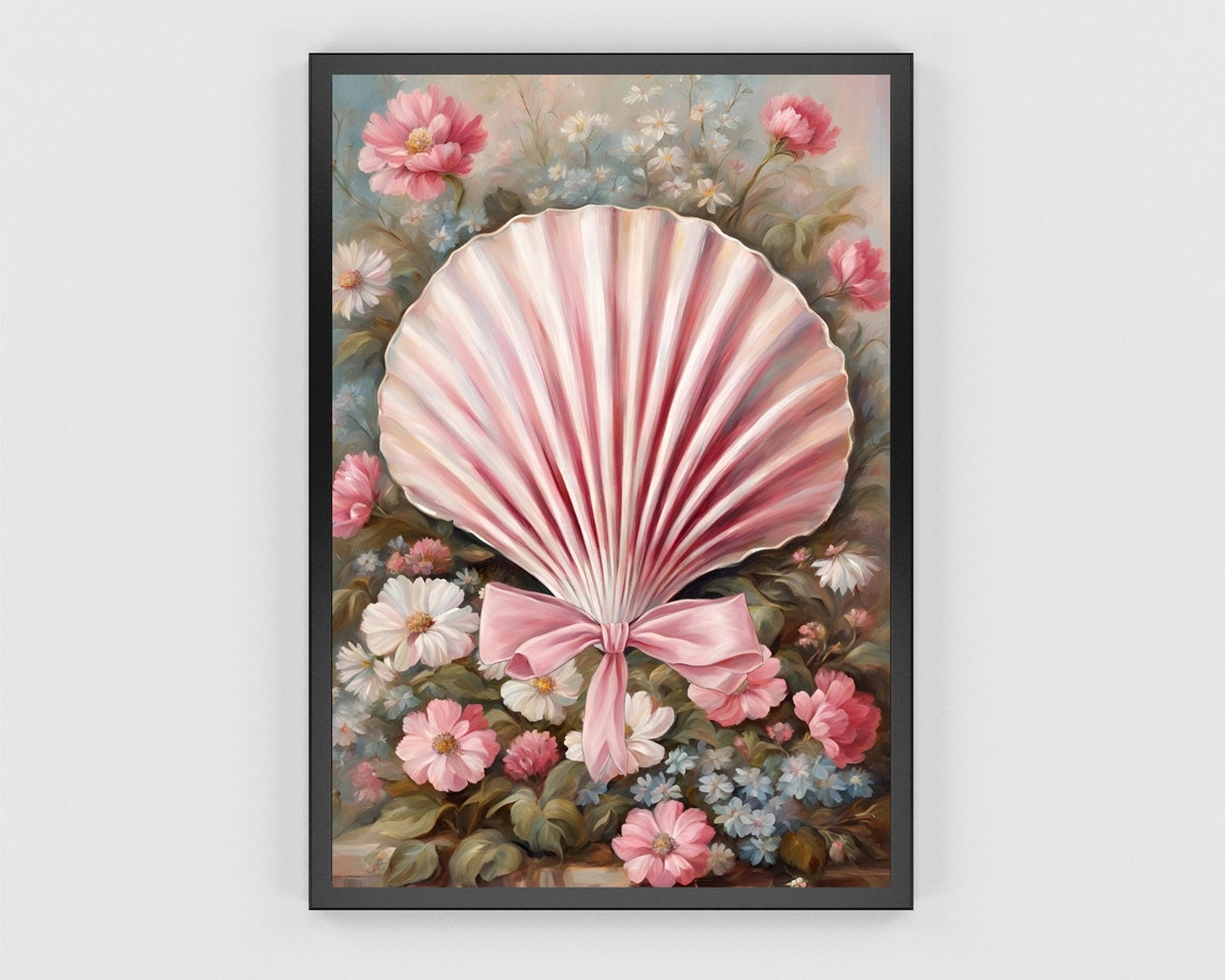 Pink Seashell With Satin Bow Floral Botanical Coquette Poster - Image 3