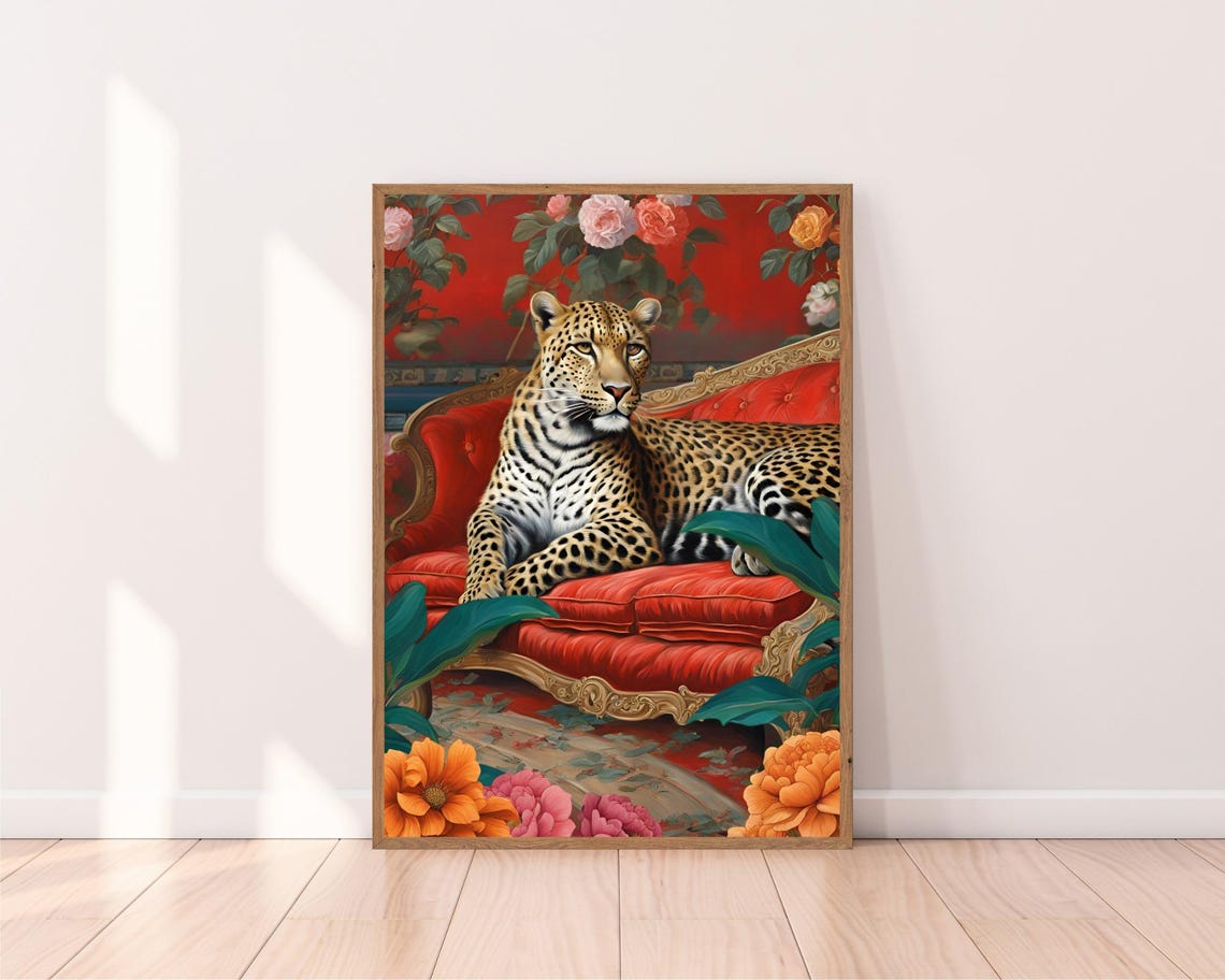 Leopard Resting on a Red Victorian Sofa with Roses Decor Poster - Image 2