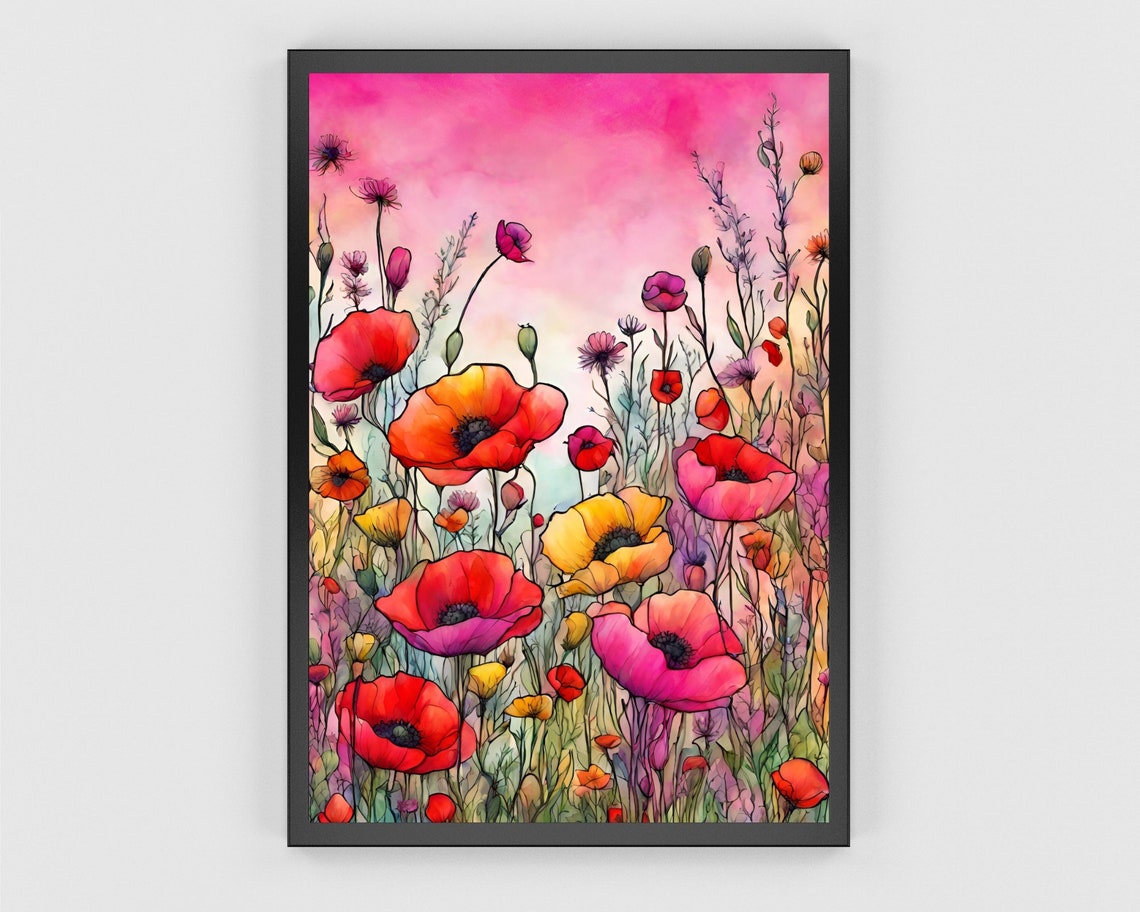 Red Poppy Flowers Pink Sky Sunset Watercolor Botanical Art Poster - Image 3