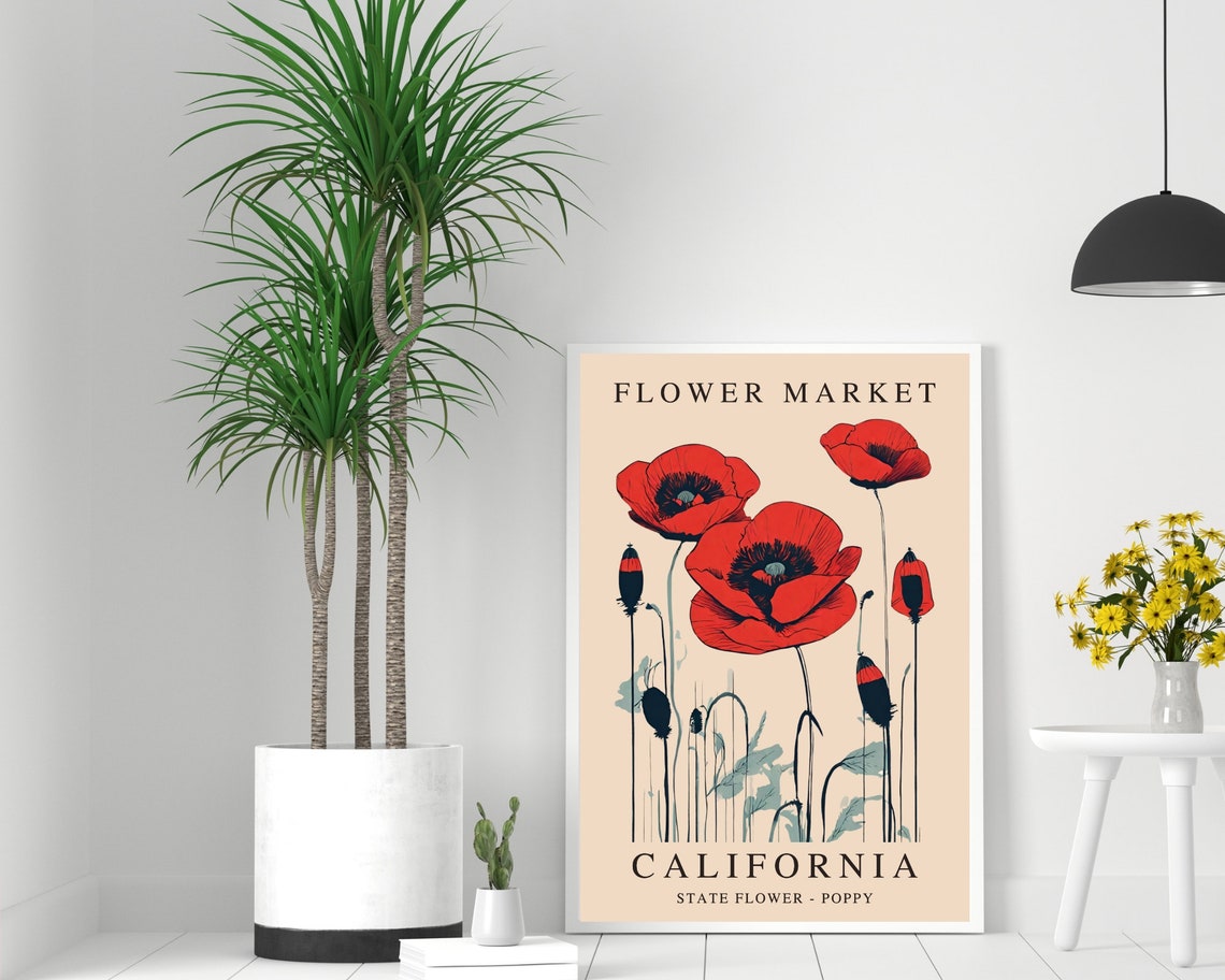 California Poppy Flower Market Print California Poppy Travel Poster California State Flower 1960s Wall Art Pastel Botanical Flower Artwork - Image 2