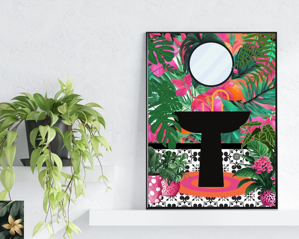 Botanical Tropical Bathroom Sink Wall Art Print Bathroom Tile Plants Print Eclectic Gallery Wall Bathroom Decor Boho Bath And Plants Art - Image 2