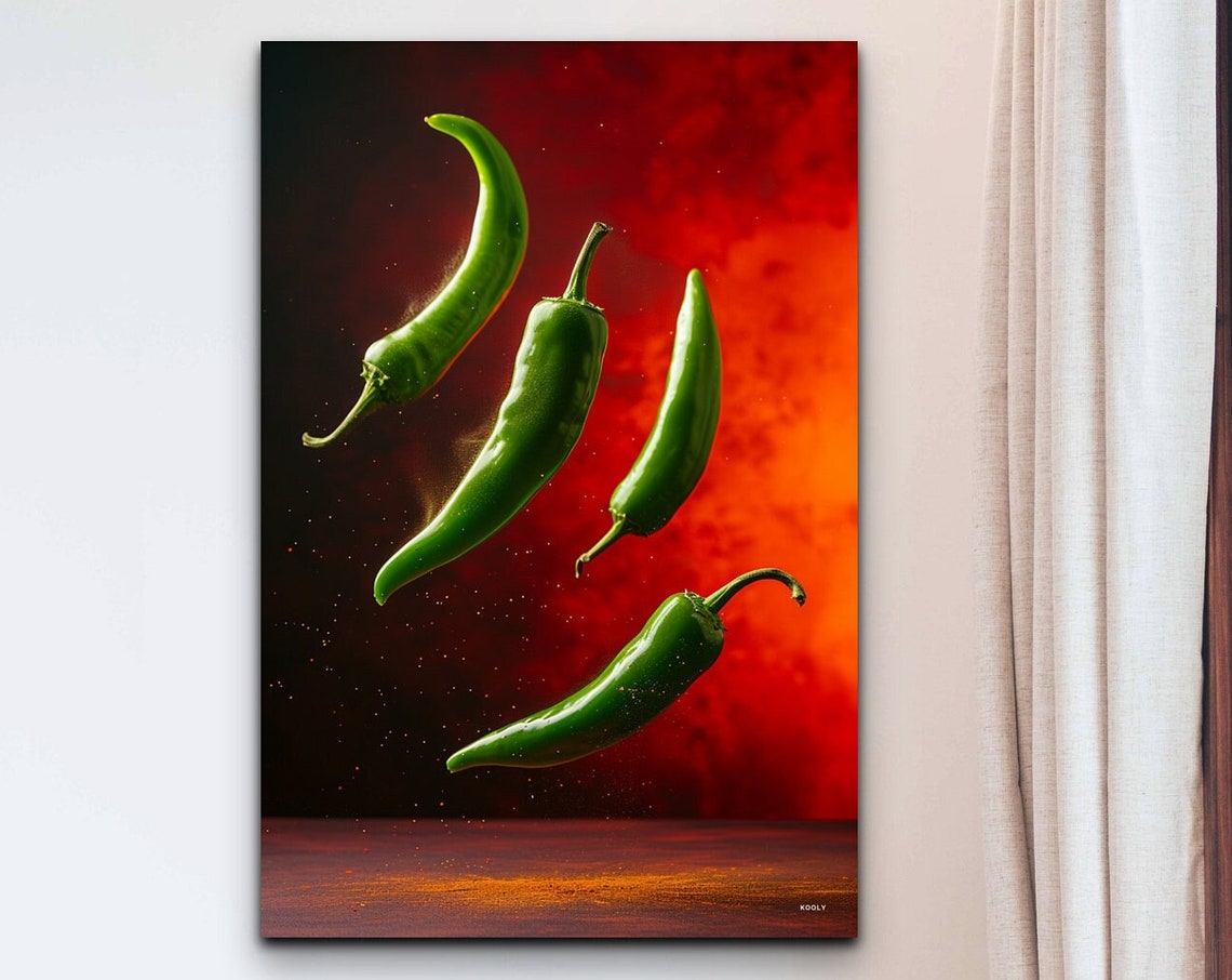 Flying Green Chili Peppers Against a Fiery Red Background Wall Art