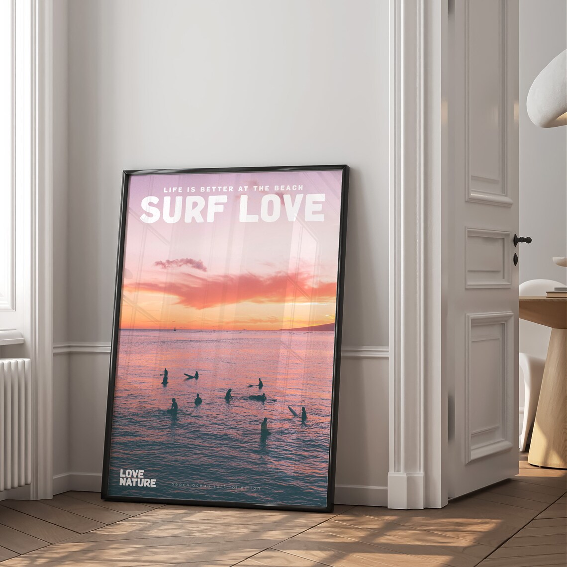 Surf Love Orange Sunset Silhouette Surfers In Ocean Beach Poster - Image 2