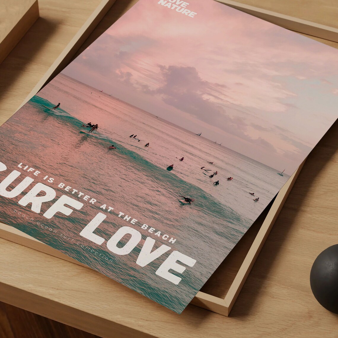 Surf Love Pastel Pink Ocean Surfers On Waves Beach Scene Poster - Image 4