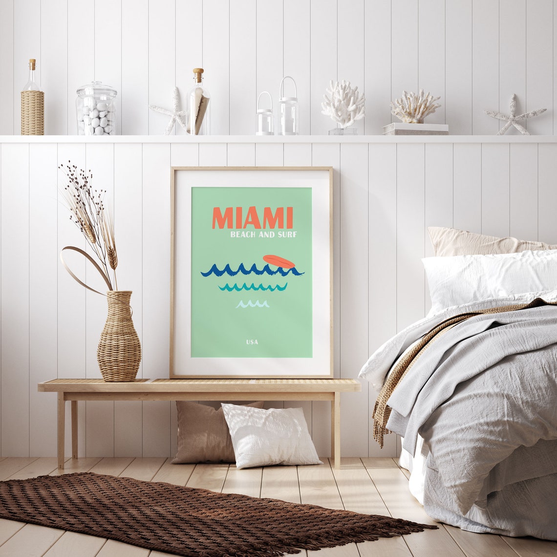 Miami Beach and Surf USA Green Waves Surfboard Retro Beach Art Poster - Image 2