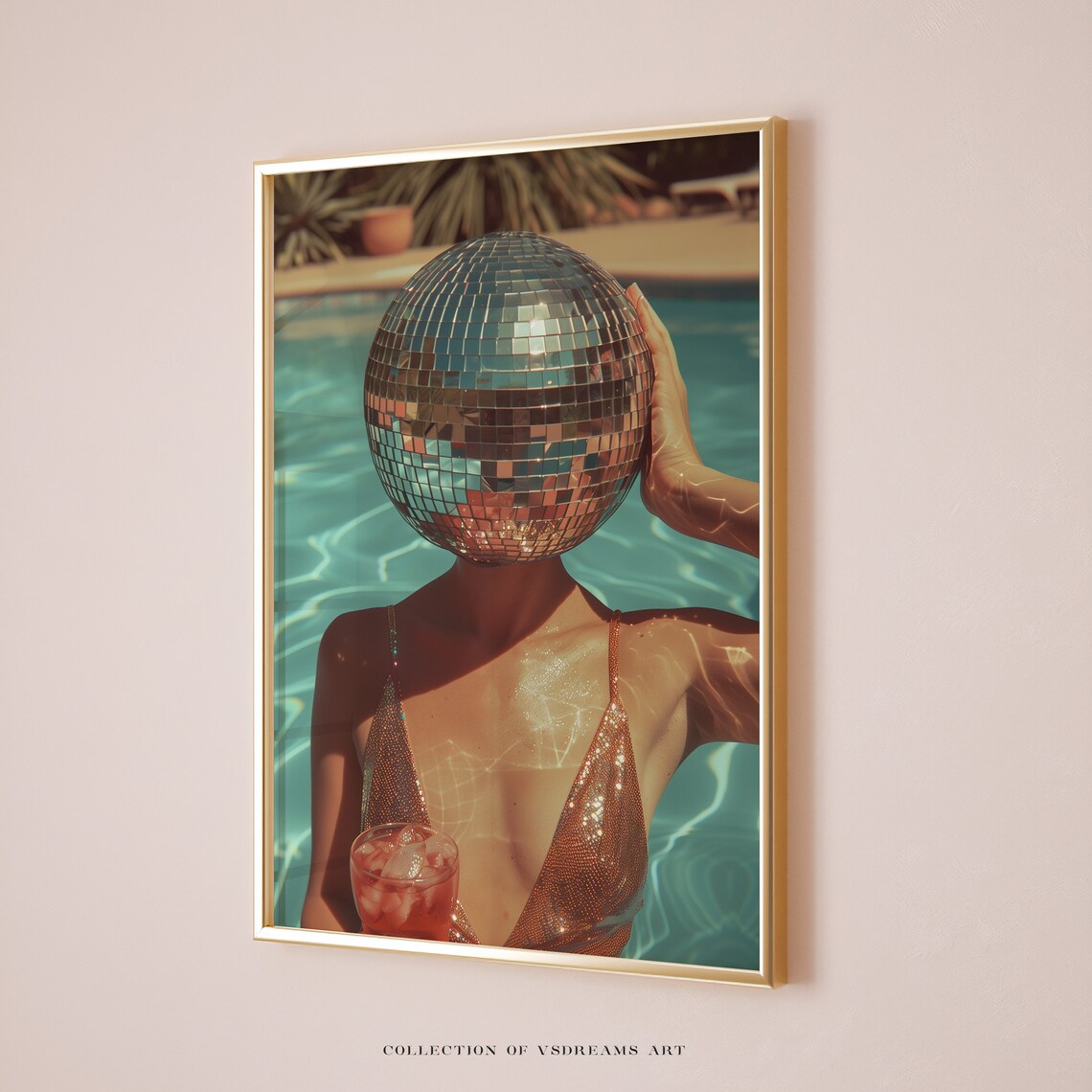 Retro Disco Ball Cocktail Art Print, 70s Style