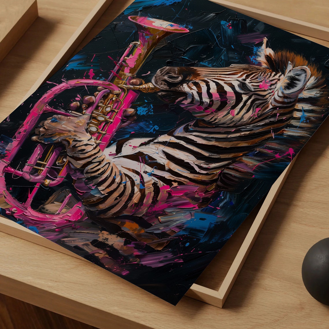 Zebra Playing Pink Trumpet Neon Splash Bold Jazz Music Animal Poster - Image 4