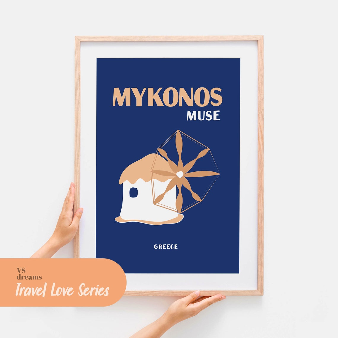 Mykonos Muse Greece White Windmill Navy Blue Travel Art Poster