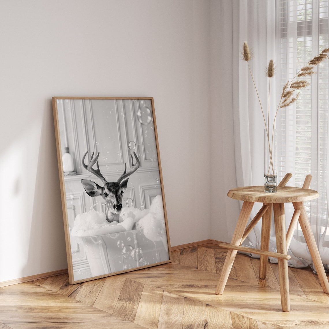 Black and White Deer Buck Bubble Bath Monochrome Bathroom Art Poster - Image 3