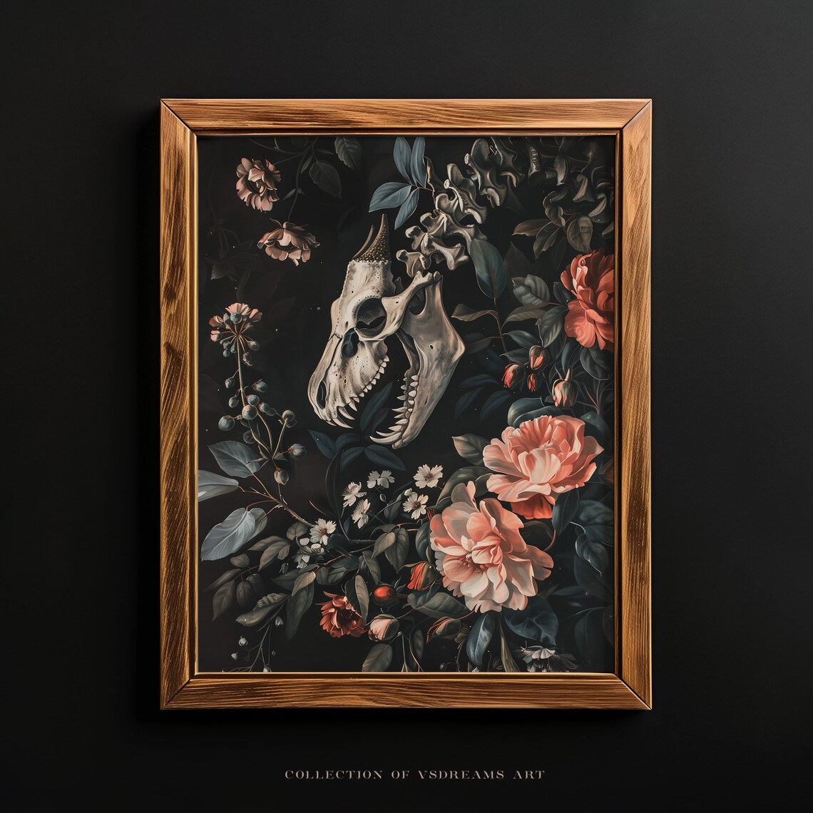 Gothic Dragon Skeleton Floral Art Print, Cottagecore