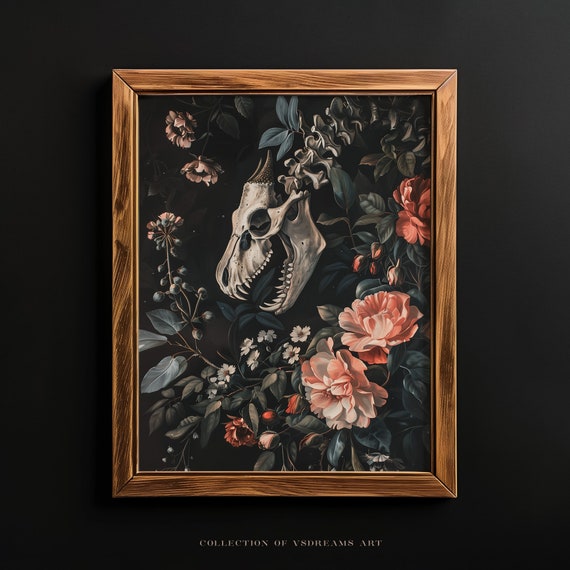 Gothic Dragon Skeleton Floral Art Print, Cottagecore
