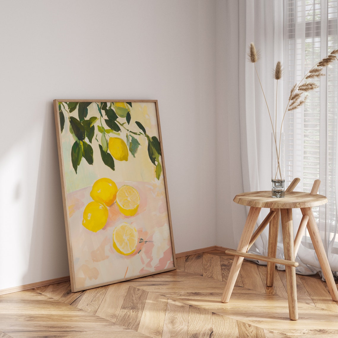 Fresh Lemons Hanging Branch and Sliced Pastel Still Life Poster - Image 3
