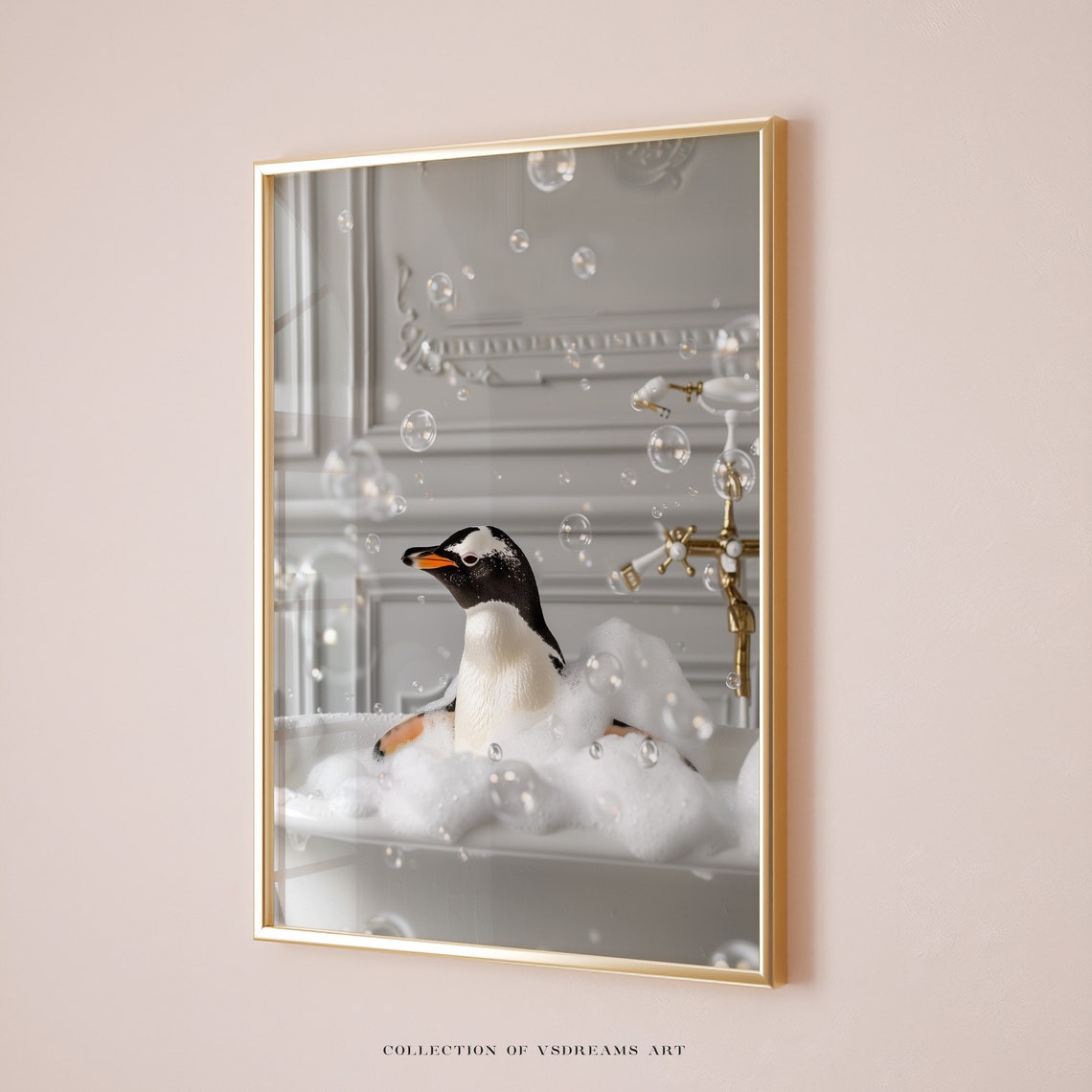 Playful Penguin Bubble Bath Funny Animal Whimsical Bathroom Poster