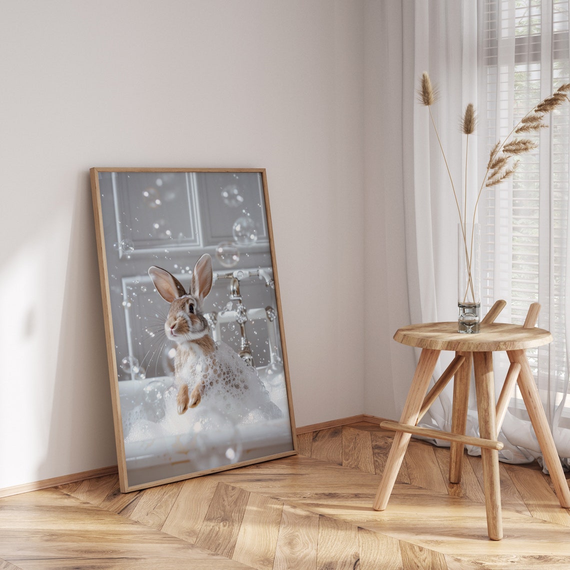 Cute Rabbit Bubble Bath Gold Frame Adorable Bunny Bathroom Art Poster - Image 2