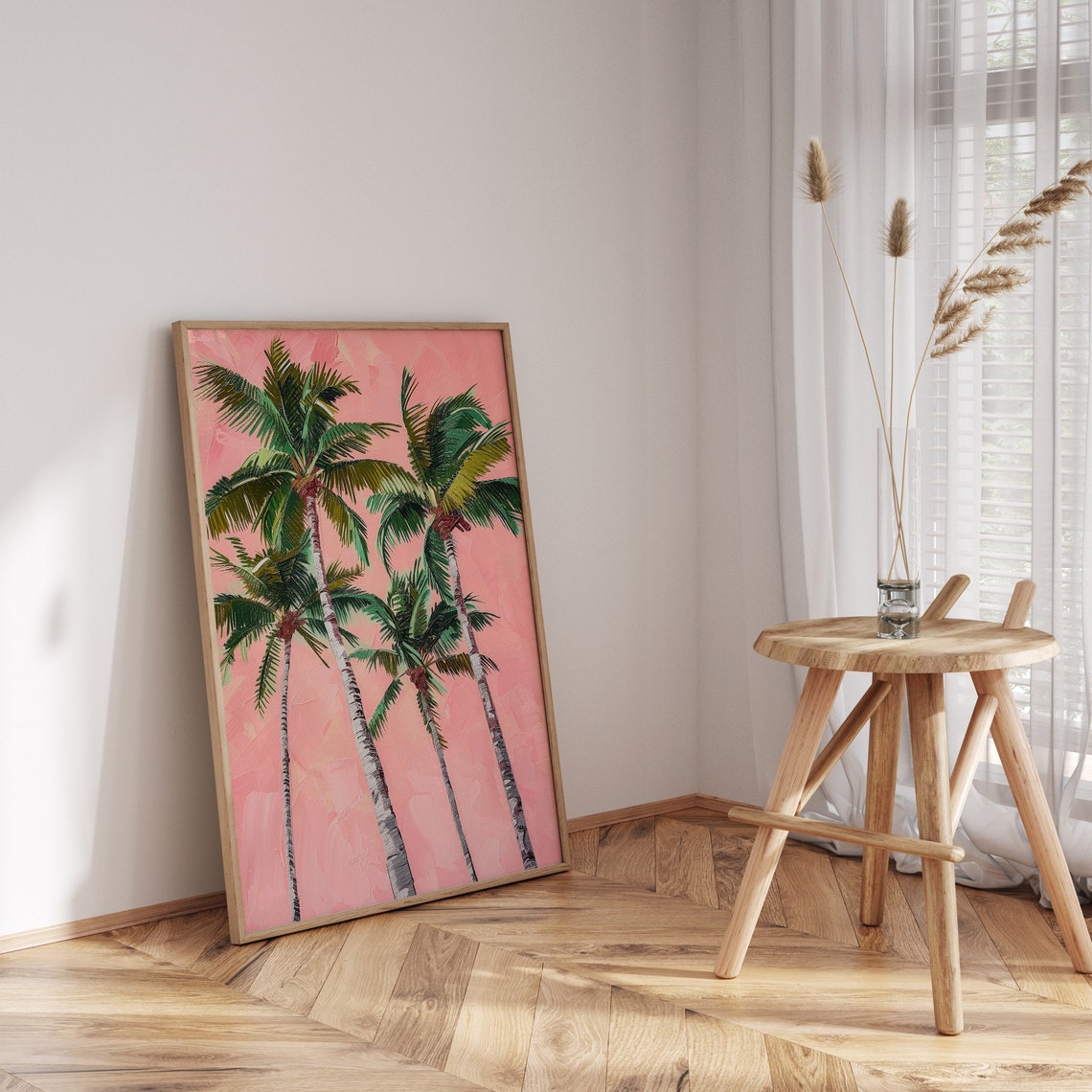 Pink Palm Trees Oil Painting Green Fronds Tropical Coastal Wall Art - Image 3