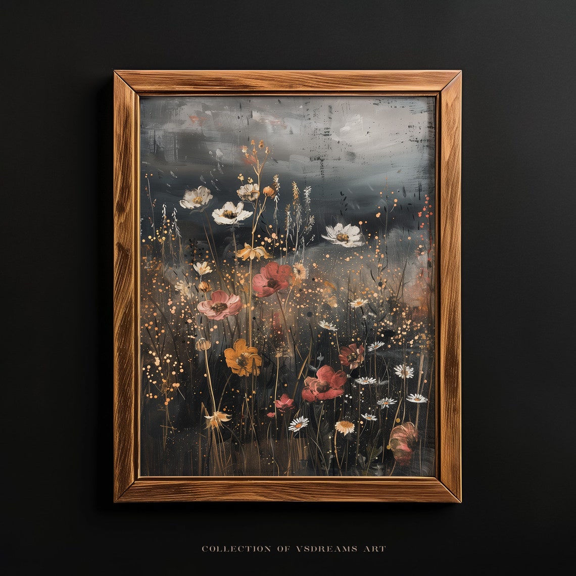 Moody Dark Wildflowers Black Background Vintage Botanical Poster