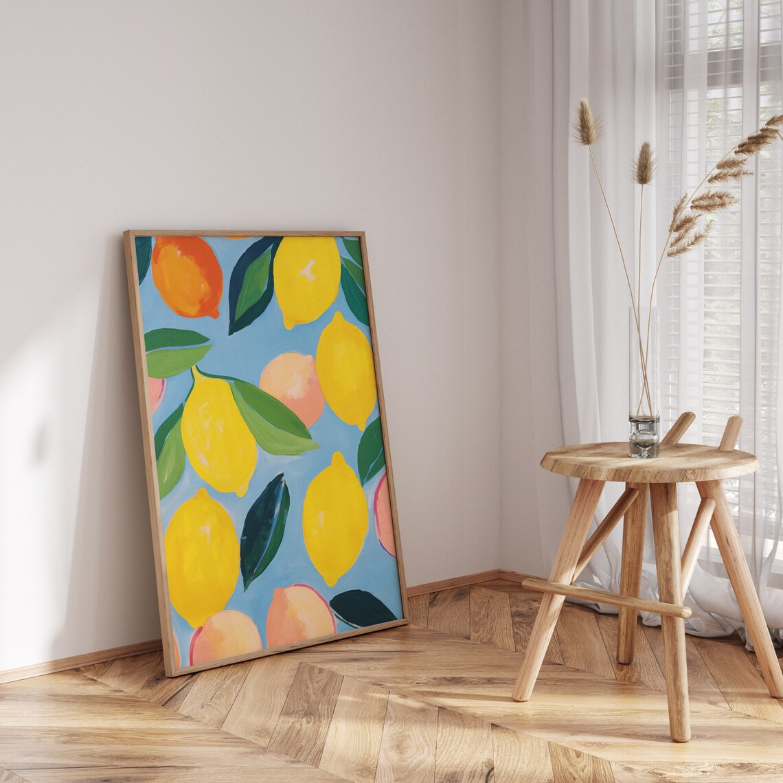 Bright Lemon And Citrus Fruit Oil Painting On Sky Blue Background Poster - Image 3