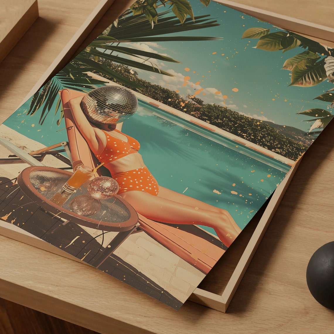 Retro Poolside Woman Disco Ball Face Cocktail Summer Vibes Poster - Image 5