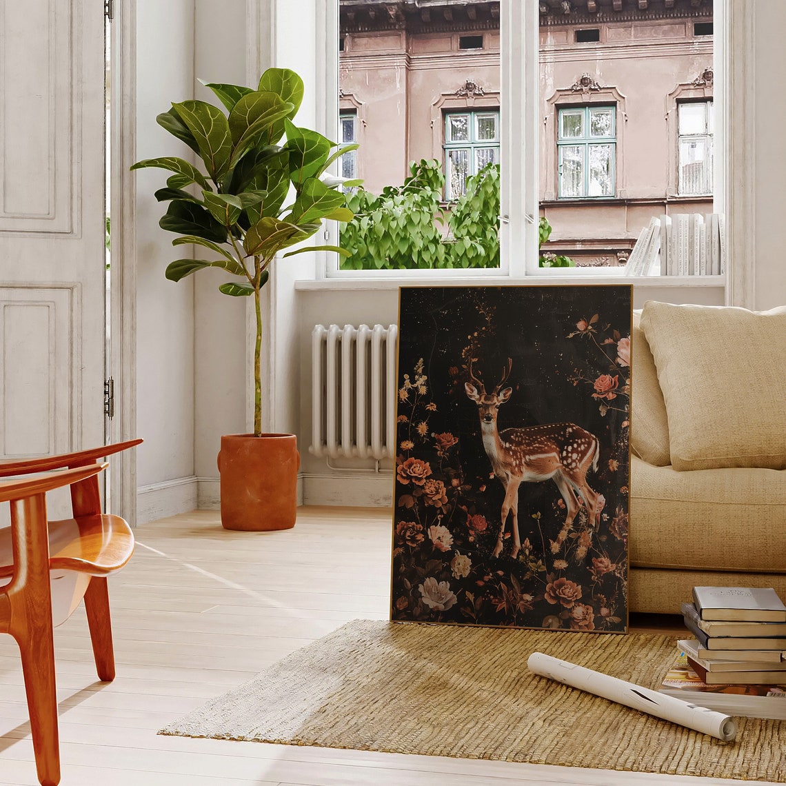 Fawn Deer Standing Dark Moody Floral Botanical Gothic Painting Poster - Image 4