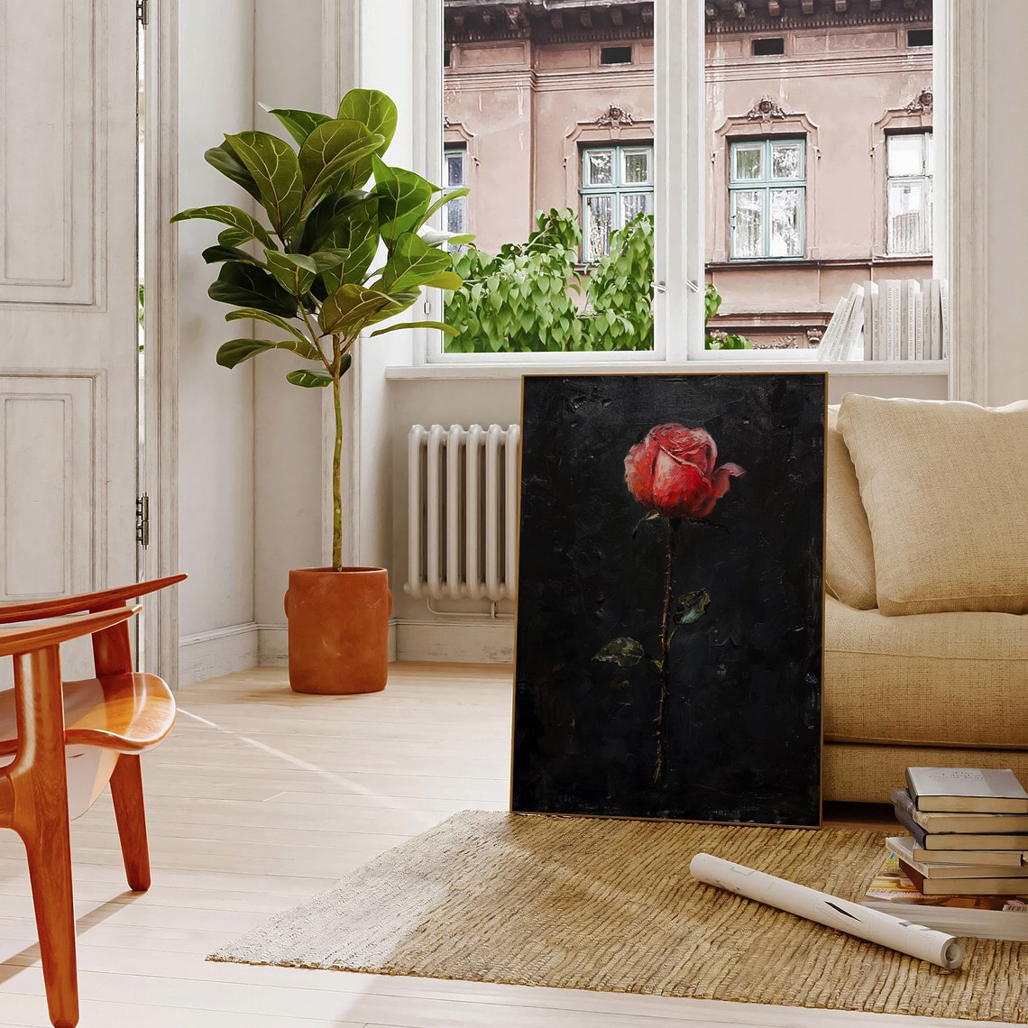 Dark Romance Red Rose Oil Painting Single Bloom Black Art Poster - Image 4