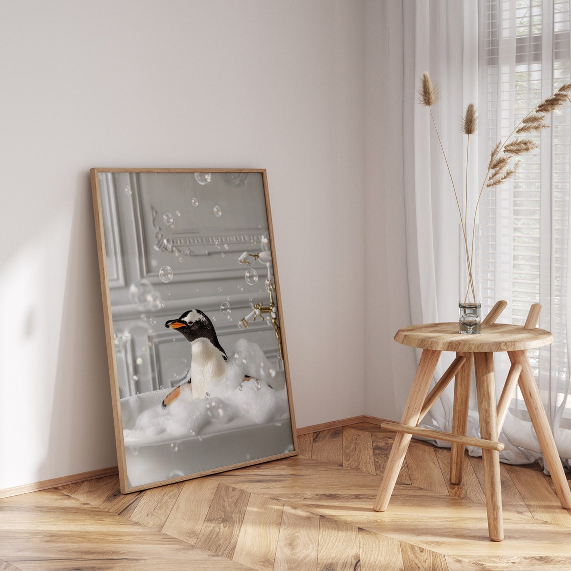Playful Penguin Bubble Bath Funny Animal Whimsical Bathroom Poster - Image 3