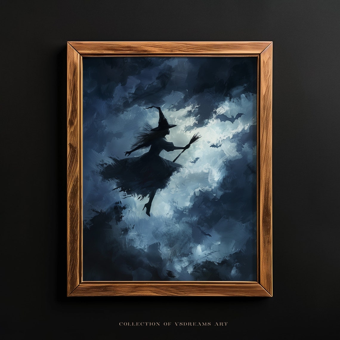 Witch Flying Broom Stormy Clouds Bats Halloween Night Art Poster