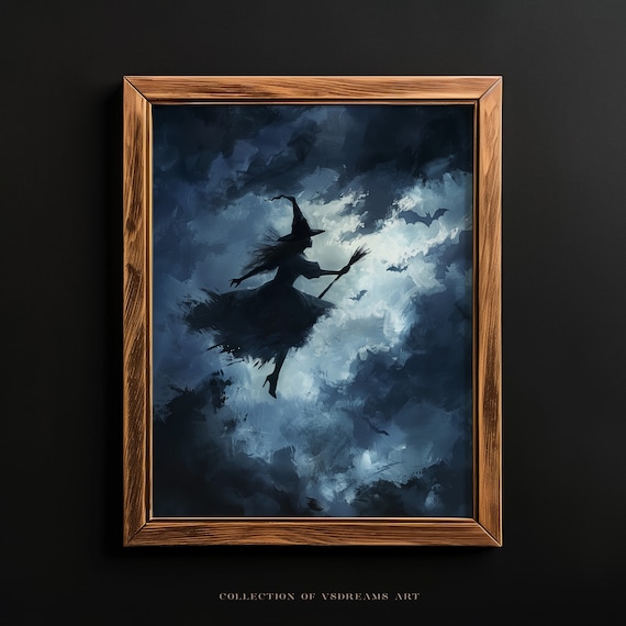 Witch Flying Broom Stormy Clouds Bats Halloween Night Art Poster