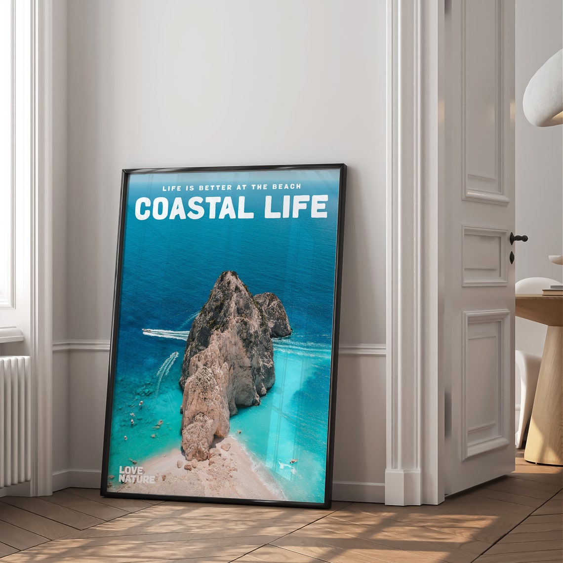 Coastal Life Aerial Sea Stack Turquoise Beach Boats Ocean Photo Poster - Image 2