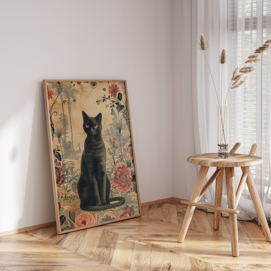 Vintage Black Cat Sitting Among Botanical Flowers Chinoiserie Poster - Image 3