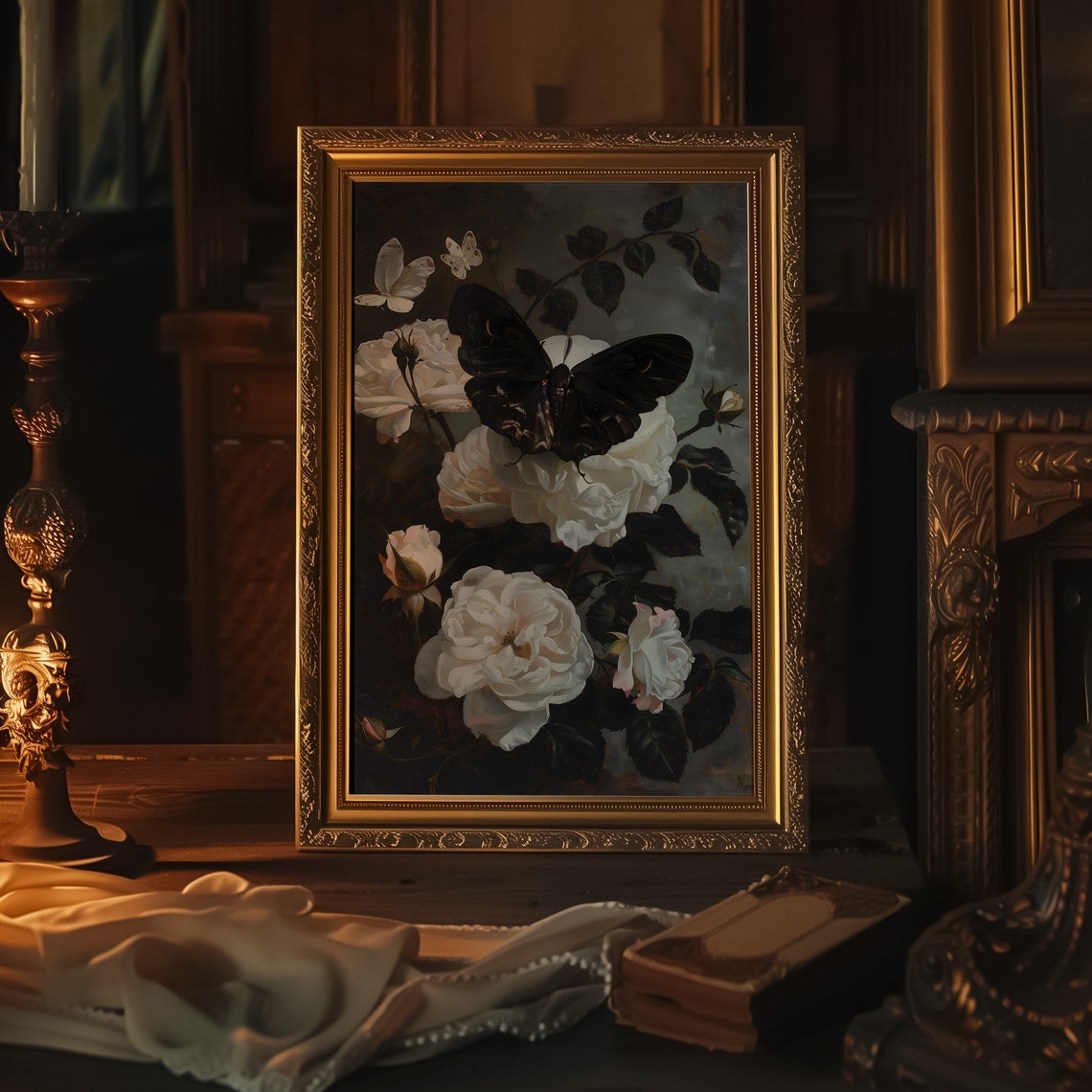 Black Moth White Roses Vintage Floral Moody Botanical Painting Poster - Image 2