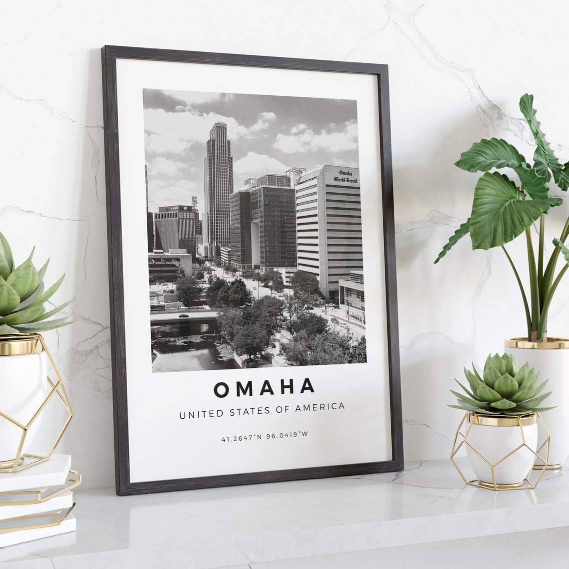 Omaha Nebraska Black and White Downtown Skyline Coordinates Poster