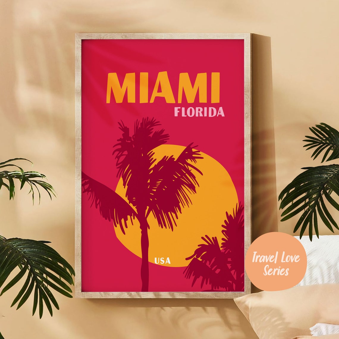 Miami Florida USA Red Sunset Palm Tree Silhouette Tropical Art Poster - Image 5