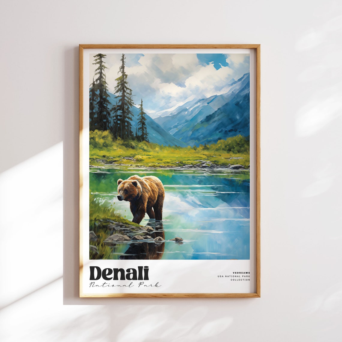 Denali National Park Grizzly Bear Mountain Lake Travel Poster
