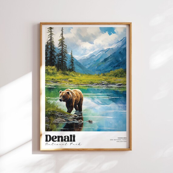 Denali National Park Grizzly Bear Mountain Lake Travel Poster