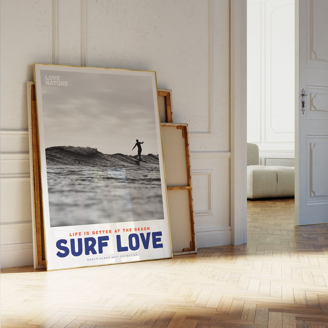 Surf Love Silhouette Surfer Riding Wave Black And White Photo Poster - Image 5