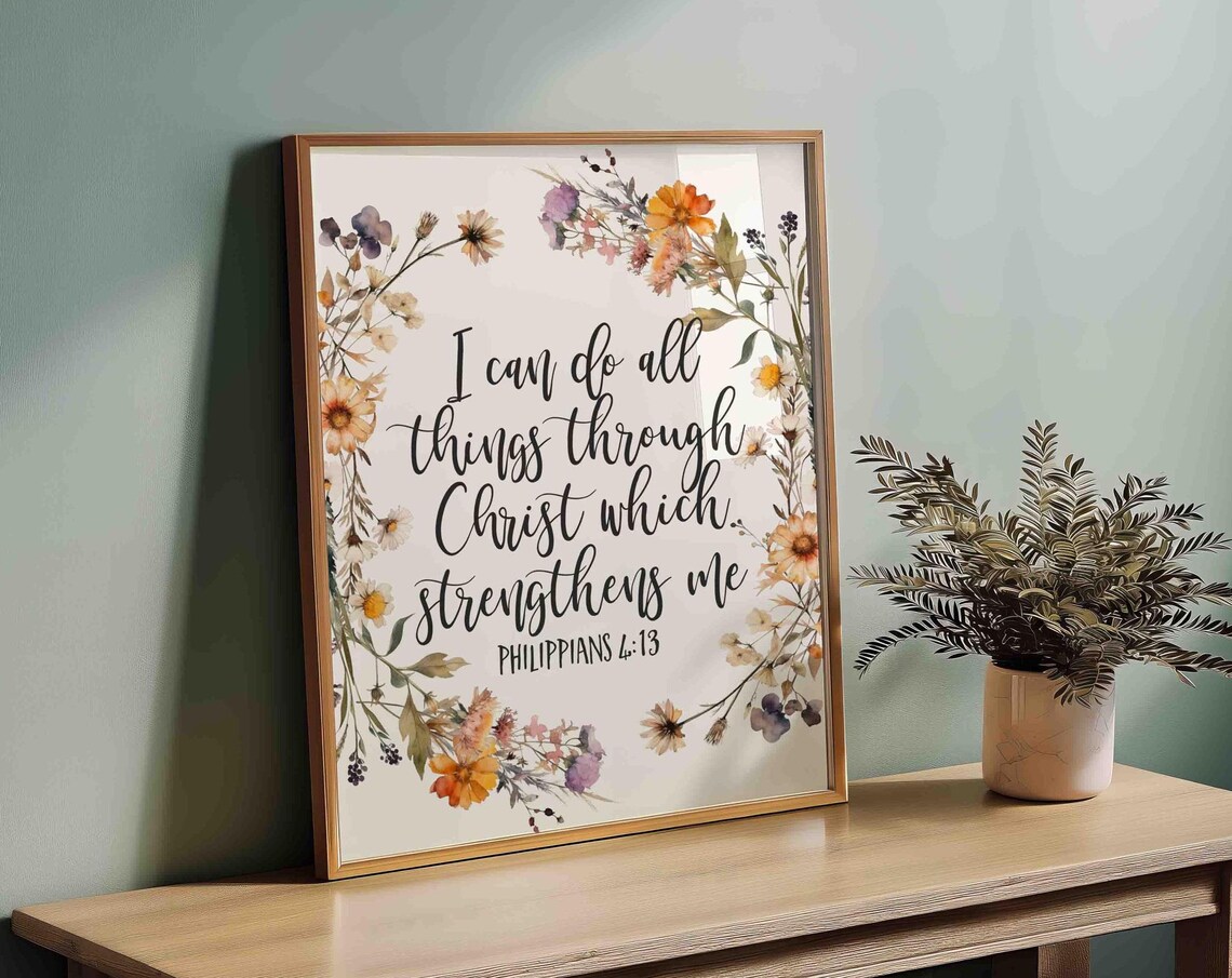 Bible Scripture Art Print Modern Boho Christian Wall Poster God Is Love Quote Philippians 413 All Things Through Christ Verse