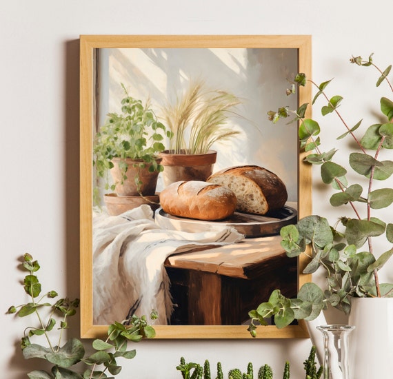 Vintage Bread Still Life Art Print, Rustic Kitchen Decor