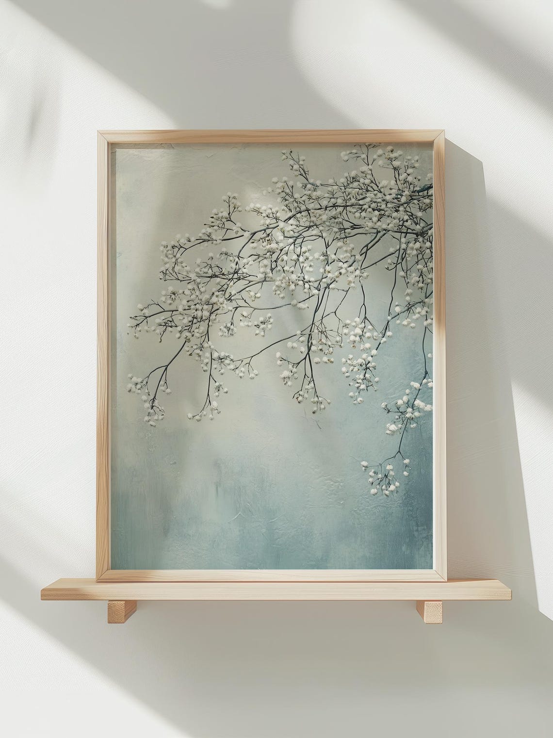 White Blossom Branches Misty Pale Blue Minimalist Home Decor Poster