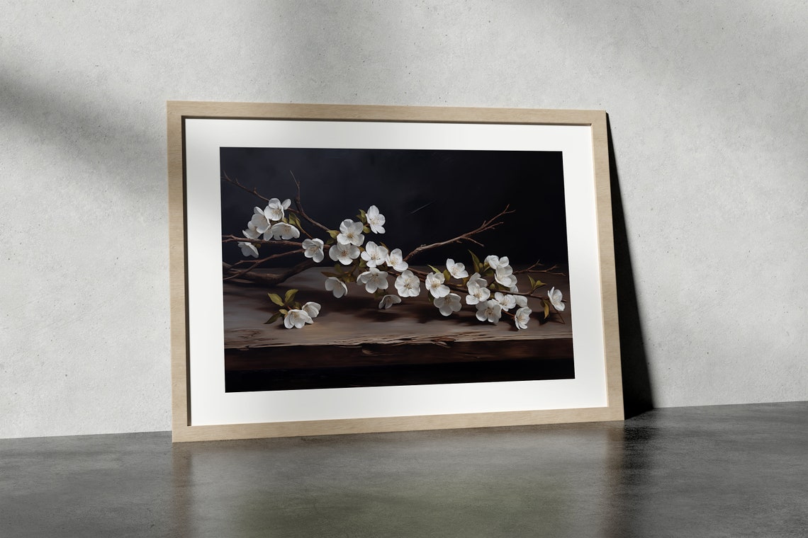 White Blossom Branch on Dark Wood Table Moody Floral Art Poster - Image 3