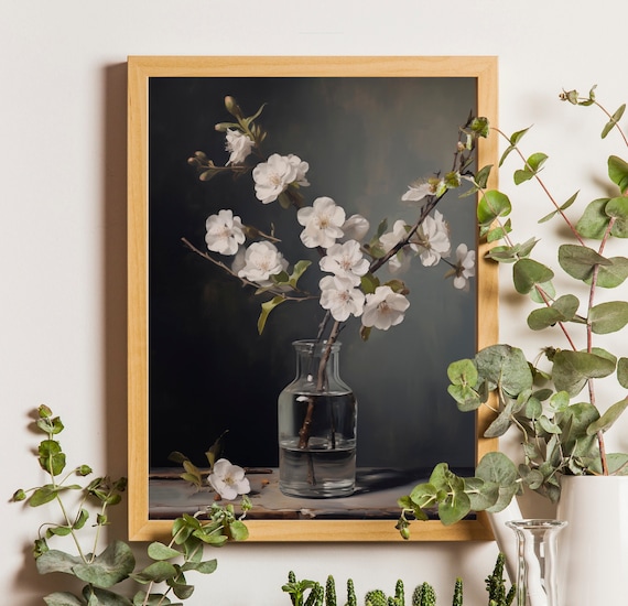 White Cherry Blossom Branch in Glass Vase Moody Still Life Poster