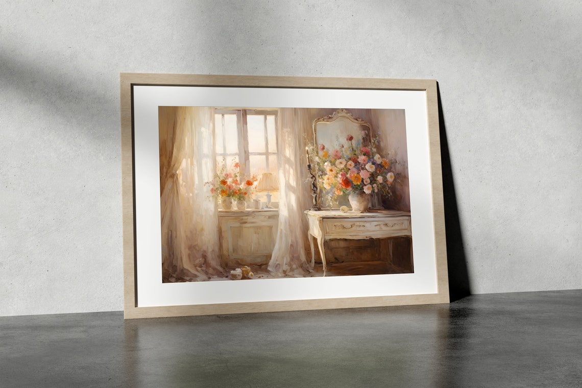 Sunlit French Vanity Room with Flower Bouquets Impressionist Poster - Image 3