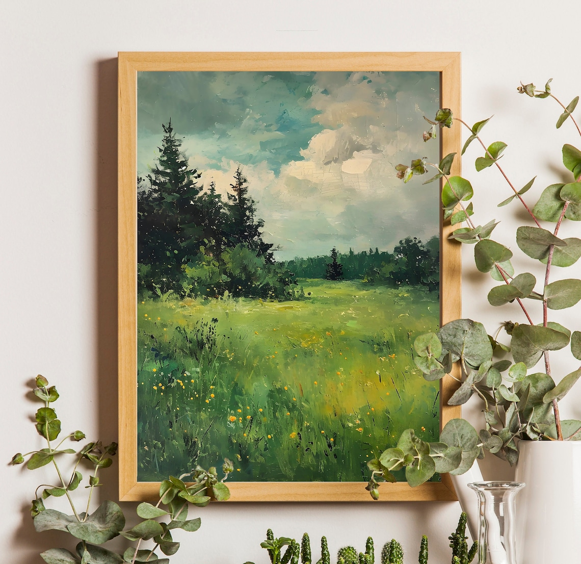 Wildflower Landscape Painting Meadow Pines Cloudy Sky Spring Art Poster
