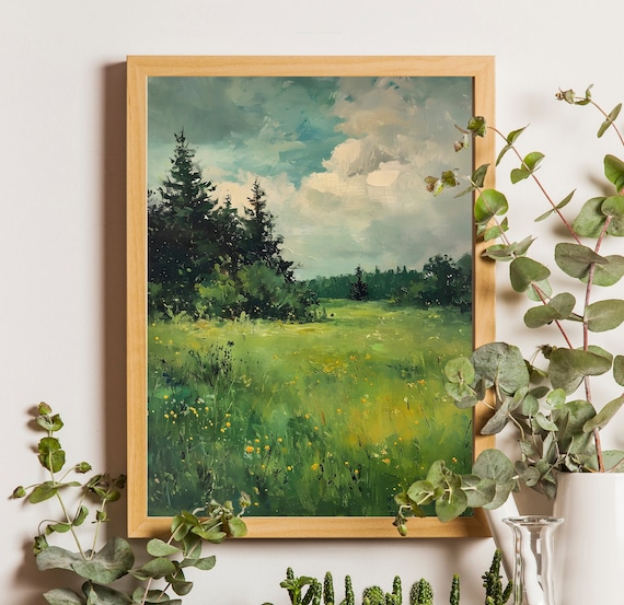 Wildflower Landscape Painting Meadow Pines Cloudy Sky Spring Art Poster